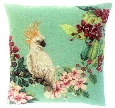 COCKATOO LEFT Tapestry Pillow Covers are woven on a Jacquard loom (crafted with true traditional tapestry technique) with 100% high quality cotton thread, lined with a plain beige cotton backing and close with a zipper. Size: 18" X 18"