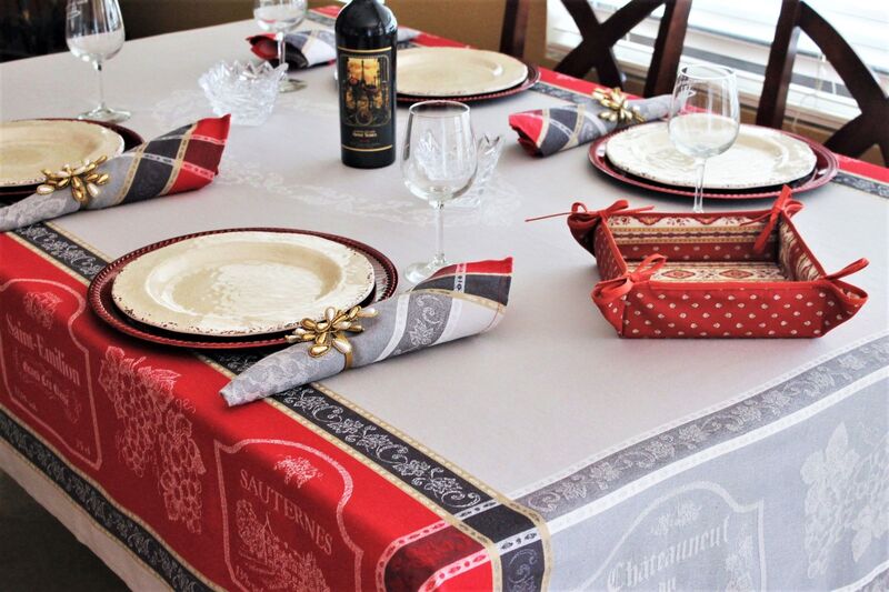 FRENCH WINERIES GRAY Jacquard Woven Teflon Coated Cotton French Tablecloths - French Wineries Elegant Table Cover - Wine Lovers Home Decoration Gifts