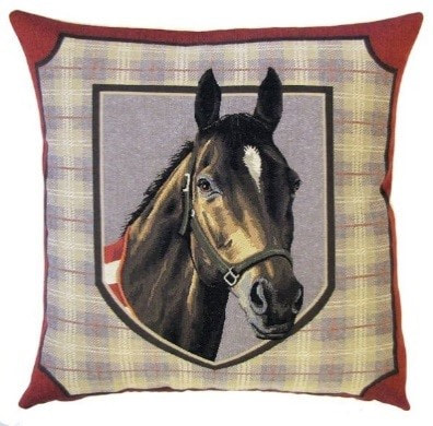 HORSE NOIR TARTAN Tapestry Pillow Covers are woven on a Jacquard loom (crafted with true traditional tapestry technique) with 100% high quality cotton thread, lined with a plain beige cotton backing and close with a zipper. Size: 18" X 18"