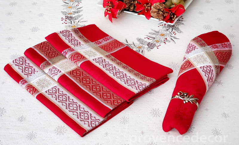 NOELLE CHRISTMAS RED French Provence Jacquard Woven Heavy Cotton Oversized Napkins Set - Traditional Elegant French XMAS Home Table Decoration - Perfect Christmas Gift