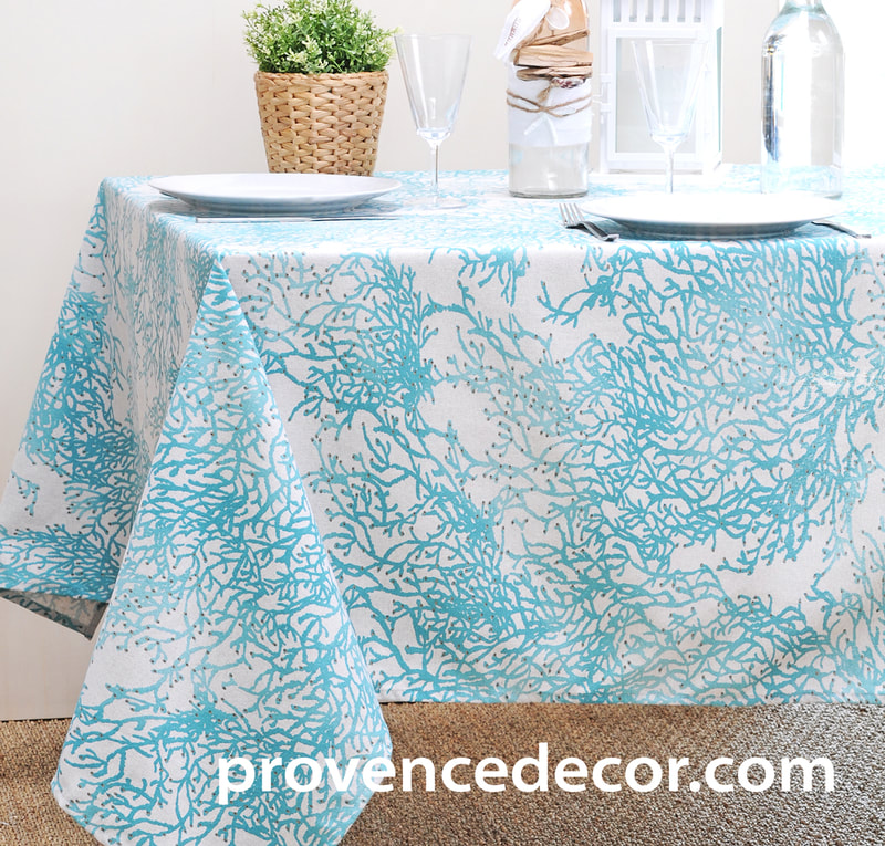 FRENCH RIVIERA AQUA Acrylic Coated French Provence Tablecloth - French Oilcloth Indoor Outdoor Table Decor - Water Stain Resistant Wipeable Tablecloths - French Country Home Decor Gifts