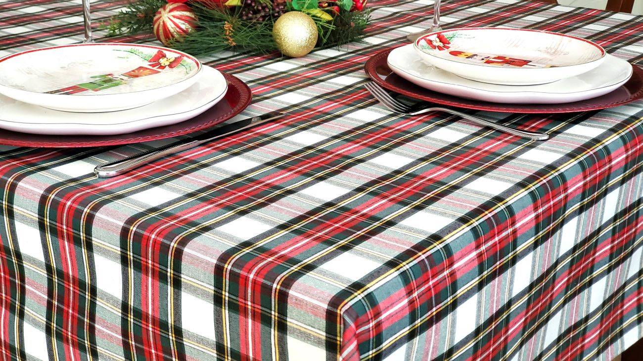 CALEDONIA TARTAN Acrylic Cotton Coated Tablecloths - French Oilcloth Indoor Outdoor Party Traditional Scottish Style Fabric - Spill Proof Easy Wipe Off Laminated Table Cover - Home Decoration Gifts