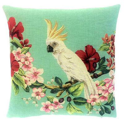 COCKATOO RIGHT Tapestry Pillow Covers are woven on a Jacquard loom (crafted with true traditional tapestry technique) with 100% high quality cotton thread, lined with a plain beige cotton backing and close with a zipper. Size: 18" X 18"