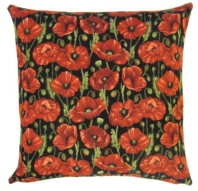 This POPPIES ALLOVER BLACK Tapestry Pillow Cover is woven on a Jacquard loom (crafted with true traditional tapestry technique) with 100% high quality cotton thread, lined with a plain beige cotton backing and closes with a zipper. Size: 18" X 18"