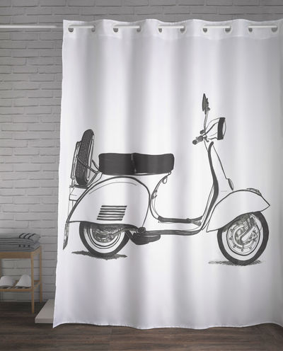 CLASSIC BLACK & WHITE VESPA SCOOTER SHOWER CURTAIN Printed on 100% high quality soft woven polyester with high grade non-toxic ink to ensure vibrant colors and lasting durability. ​Bold graphics printed with state of the art digital printing technology. Material: 100% high quality Polyester, Number of Hook Holes: 12 - 6" apart
Hook holes are reinforced with plastic rings for long and lasting use (HOOKS NOT INCLUDED) 
Size: 72" long X 70" wide
Water Resistant - No liner needed.