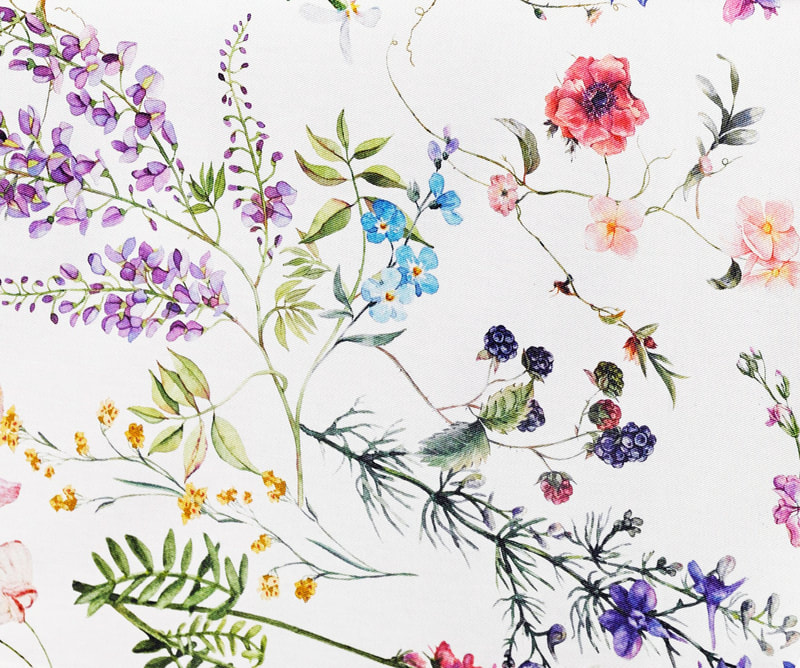 SYLVIE WILDFLOWERS Berries Acrylic Cotton Coated FABRIC BY THE YARD 62" inches wide - French Oilcloth Indoor Outdoor - Elegant Nature Flowers Spill Proof Easy Wipe Off Laminated Material