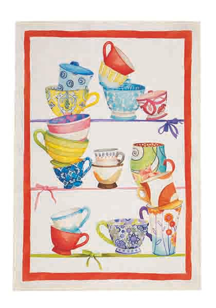CUPS & MUGS RED European Linen Dishtowels - Exclusive Designs Tea Towels - Elegant 100% Linen Kitchen Towels - Fun Tea Party Decorative Dish Towels - Elegant Porcelain China Kitchen Hand Towels - French Home Decor Gifts
