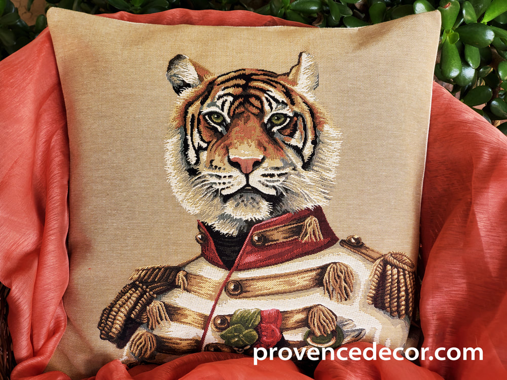 TIGER KING JOEY BEIGE Authentic European Tapestry Throw Pillow Cases - Tiger in Uniform Big Cat Lovers Decorative Cushion Covers - Safari Wild Animal Lovers Home Decor Gifts