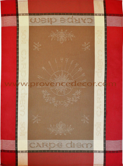 CARPE DIEM RED Jacquard Woven French Provence Dishtowels - Exclusive Designs Kitchen Towels - Elegant 100% Cotton Tea Towels - Kitchen BBQ Area Hand Towels - Home Decor Gifts