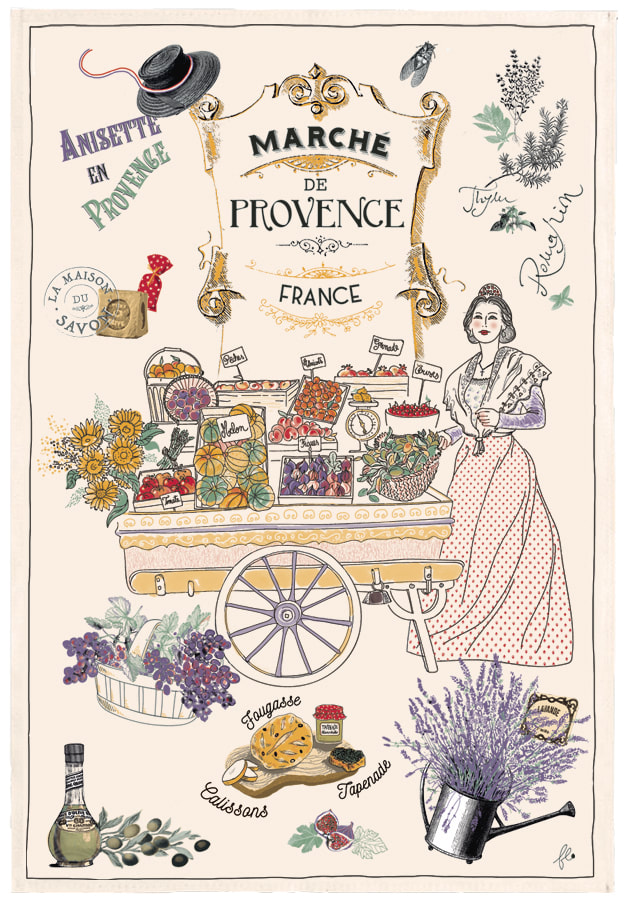 PROVENCE MARKET Exclusive Design French Dishtowels - Elegant 100% Cotton Kitchen Towels - South of France Market Lovers Dishcloths - Fun Flowers Fruits and Vegetables Artwork Decorative Kitchen Tea Towels - Home Decor Accessories Gifts