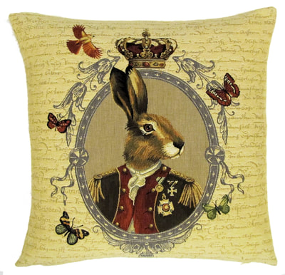 ARISTO RABBIT PORTRAIT Tapestry Pillow Covers are woven on a Jacquard loom (crafted with true traditional tapestry technique) with 100% high quality cotton thread, lined with a plain beige cotton backing and close with a zipper. Size: 18" X 18"