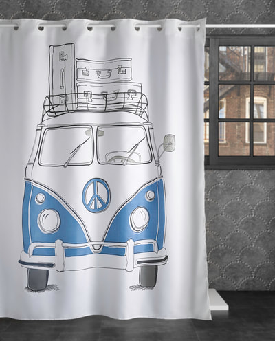 CLASSIC VW BUS BLUE VOLKSWAGEN VAN SHOWER CURTAIN Printed on 100% high quality soft woven polyester with high grade non-toxic ink to ensure vibrant colors and lasting durability. ​Bold graphics printed with state of the art digital printing technology. Material: 100% high quality Polyester, Number of Hook Holes: 12 - 6" apart
Hook holes are reinforced with plastic rings for long and lasting use (HOOKS NOT INCLUDED) 
Size: 72" long X 70" wide
Water Resistant - No liner needed.