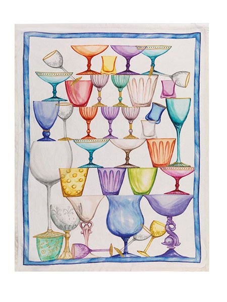 CRYSTAL GLASSES BLUE European Linen Dishtowels - Exclusive Designs Tea Towels - Elegant 100% Linen Kitchen Towels - Fine Crystal Glass Decorative Dish Towels - Elegant Decorative Kitchen Hand Towels - French Home Decor Gifts