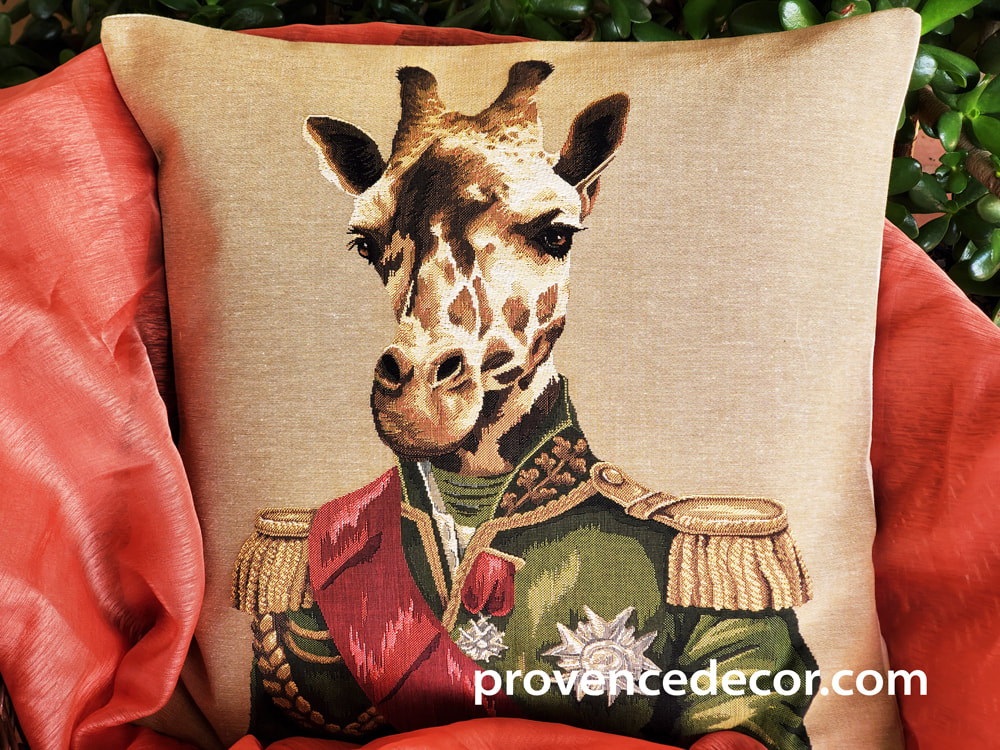 GIRAFFE LORD MELMAN BEIGE Authentic European Tapestry Throw Pillow Cases - Giraffe in Uniform Decorative Cushion Covers - Safari Wild Animal Lovers Home Decor Gifts