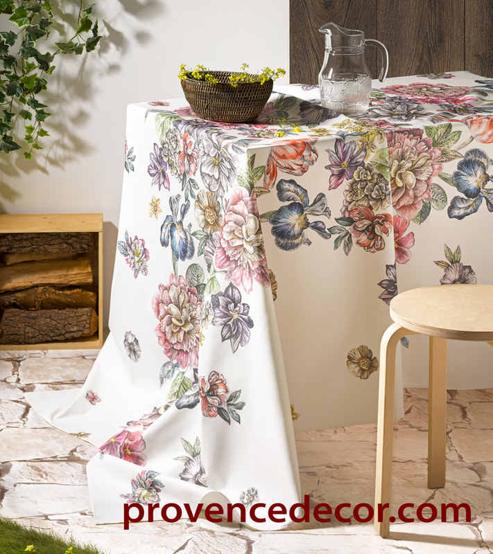 DAHLIA GARDEN CENTER DESIGN Acrylic Cotton Coated Tablecloth - French Oilcloth Spill Proof Wipe Off Laminated Fabric - Indoor Outdoor Party Table Decoration - Flower Gardening Lovers Elegant Home Gifts