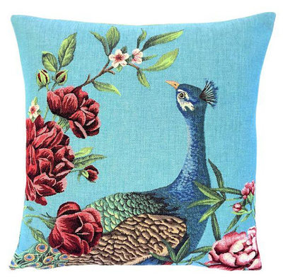 PEACOCK AND FLOWERS Tapestry Pillow Covers are woven on a Jacquard loom (crafted with true traditional tapestry technique) with 100% high quality cotton thread, lined with a plain beige cotton backing and close with a zipper. Size: 18" X 18"