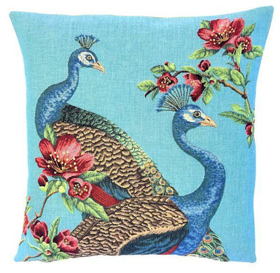 PEACOCKS COUPLE Tapestry Pillow Covers are woven on a Jacquard loom (crafted with true traditional tapestry technique) with 100% high quality cotton thread, lined with a plain beige cotton backing and close with a zipper. Size: 18" X 18"