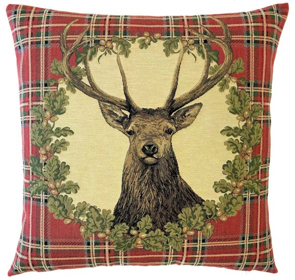 DEER PORTRAIT RED Authentic European Tapestry Throw Pillow Cases - Fun Stag Lover Cushion Covers - Forest Lovers Gift - Mountain Home Resort Decor