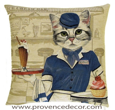 CAT VINTAGE DINER WAITRESS European Belgian Tapestry Throw Pillow Cases - Decorative 18 X 18 Pillow Covers - Zippered Throw Pillow Case - Jacquard Woven Belgium Tapestry Cushion Covers - Fun Dressed Cat Throw Cushions - Cat Lover Gift - 50's Home Decor