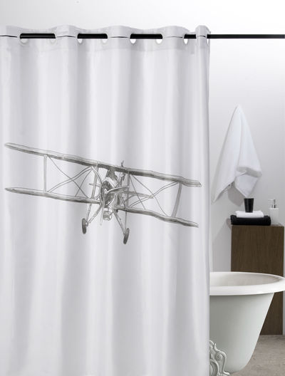 CLASSIC VINTAGE BIPLANE AIRCRAFT SHOWER CURTAIN Printed on 100% high quality soft woven polyester with high grade non-toxic ink to ensure vibrant colors and lasting durability. ​Bold graphics printed with state of the art digital printing technology. Material: 100% high quality Polyester, Number of Hook Holes: 12 - 6" apart
Hook holes are reinforced with plastic rings for long and lasting use (HOOKS NOT INCLUDED) 
Size: 72" long X 70" wide
Water Resistant - No liner needed.
Machine Washable - mold, mildew and soap resistant.
Non PEVA, Environment friendly.
