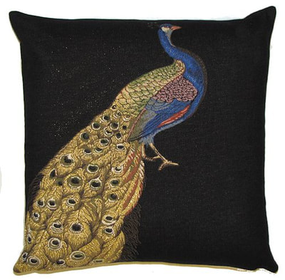 ELEGANT PEACOCK Tapestry Pillow Covers are woven on a Jacquard loom (crafted with true traditional tapestry technique) with 100% high quality cotton thread, lined with a plain beige cotton backing and close with a zipper. Size: 18" X 18"