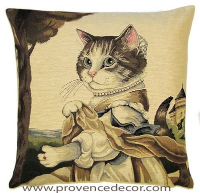 CAT QUEEN GUINEVERE - Susan Herbert Artwork - Medieval Cats - European Belgian Tapestry Throw Pillow Cases - Decorative 18 X 18 Pillow Covers - Zippered Throw Pillow Case - Jacquard Woven Belgium Tapestry Cushion Covers - Fun Dressed Cat Throw Cushions - Cat Lover Gift - Cat Art Decor