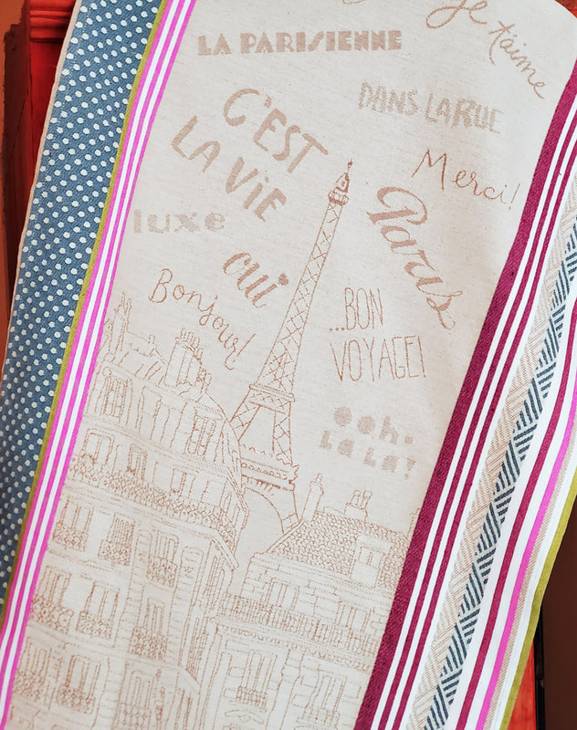 PARIS BON VOYAGE French Cotton Woven Kitchen Towels - Exclusive French Designs Dish Towels - Elegant 100% Heavy Absorbent Cotton Tea Towels - Kitchen BBQ Area Camping RV Hand Towels - Traveling France Paris Lovers Home Decor Gifts