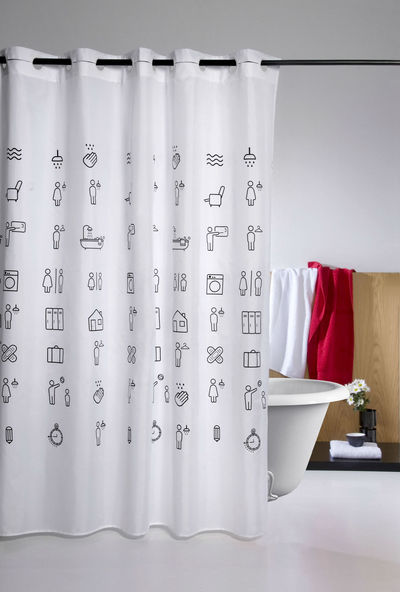 FUN ICONS SHOWER CURTAIN Printed on 100% high quality soft woven polyester with high grade non-toxic ink to ensure vibrant colors and lasting durability. ​Bold graphics printed with state of the art digital printing technology. Material: 100% high quality Polyester, Number of Hook Holes: 12 - 6" apart
Hook holes are reinforced with plastic rings for long and lasting use (HOOKS NOT INCLUDED) 
Size: 72" long X 70" wide
Water Resistant - No liner needed.