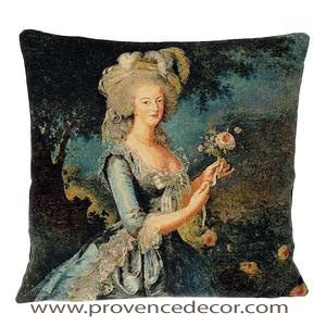 The MARIE ANTOINETTE  Tapestry Cushion is a replica of Elisabeth Le Brun famous artwork in Tapestry. The details are exquisite, looks like a real painting. These gorgeous Jacquard Tapestry Throw Pillow Cases are the authentic GOBELIN Tapestry woven with 100% high quality cotton, lined with a soft beige velvet backing and close with a zipper. Size: 18" X 18"