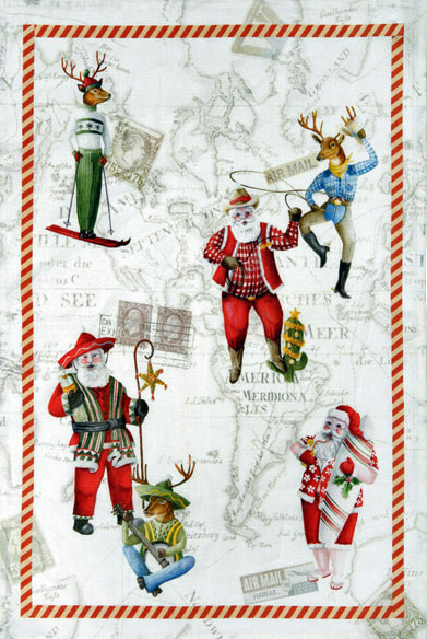 SANTA AROUND THE WORLD RED Linen Dishtowels - Exclusive Designs Tea Towels - 100% Linen Kitchen Towels - Holidays Elegant Dish Towels Hand Towels - Christmas Kitchen Home Decor Gifts