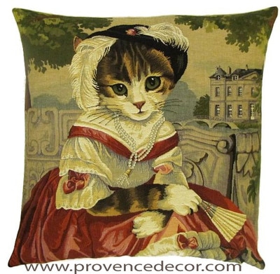 CAT LADY CHATTERLEY European Belgian Tapestry Throw Pillow Cases - Decorative 18 X 18 Pillow Covers - Zippered Throw Pillow Case - Jacquard Woven Belgium Tapestry Cushion Covers - Fun Dressed Cat Throw Cushions - Cat Lover Gift - Medieval Renaissance Home Decor