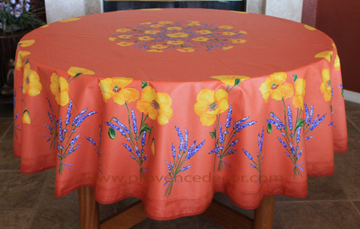 French Provence POPPY LAVENDER SALMON Acrylic Coated Tablecloth - French Oilcloth Indoor Outdoor Tablecloths - French Country Home Decor Gifts