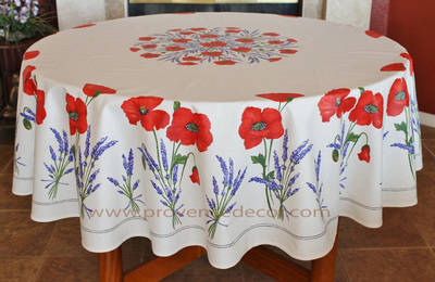 French Provence POPPY LAVENDER WHITE Acrylic Coated Tablecloth - French Oilcloth Indoor Outdoor Tablecloths - French Country Home Decor Gifts