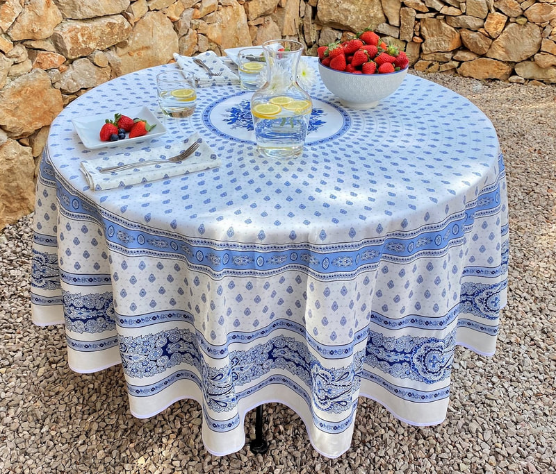 BASTIDE WHITE BLUE Acrylic Coated Cotton French Provence Tablecloth - French Oilcloth Easy Wipe Off Laminated Cloth - Marat Avignon Fabric - Indoor Outdoor Party Tablecloths - French Country Home Decoration Gifts