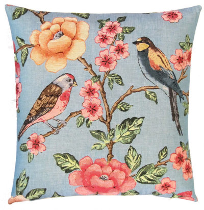 RARE FRENCH RED BIRDS CHERRY TAPESTRY DECO CUSHION COVER THROW PILLOW CASE 17" 