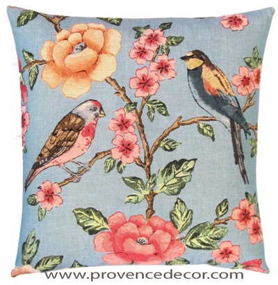 CHINOISERIE BIRDS Tapestry Pillow Covers are woven on a Jacquard loom (crafted with true traditional tapestry technique) with 100% high quality cotton thread, lined with a plain beige cotton backing and close with a zipper. Size: 18" X 18"