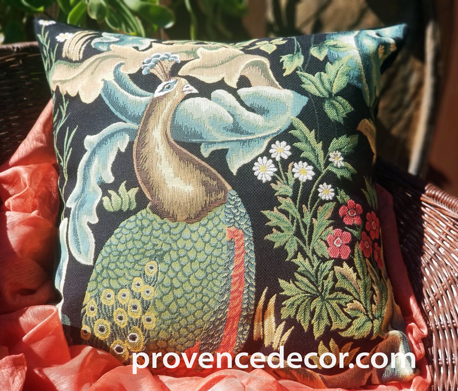 THE FOREST PEACOCK BLACK Authentic European Tapestry Decorative Throw Pillow Cover - William Morris Jacquard Woven 18 X 18 Cushion Covers - William Morris Vintage Art Lovers Gift - Museum Art Gallery Gifts Home Decor