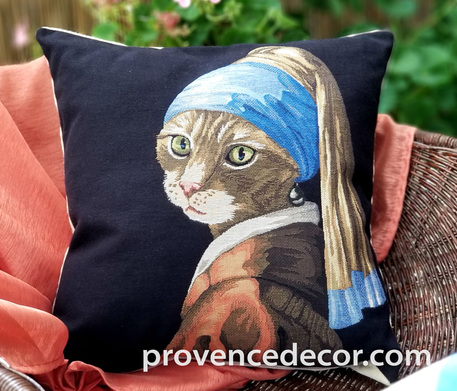 CAT WITH A PEARL EARRING Authentic European Gobelin Jacquard Woven Tapestry Throw Pillow Case - Johannes Vermeer Art - Fun Dressed Cats Cushion Covers - Cat Lovers Gift - Cat Art - Gifts Home Decor