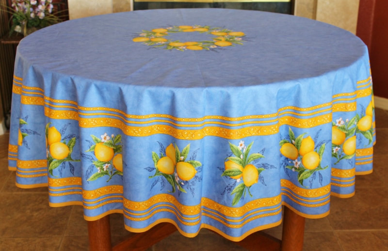 CITRONELLA BLUE 70" Round Acrylic Cotton Coated French Tablecloths - French Oilcloth Spill Proof Easy Wipe Off Fabric - Indoor Outdoor Laminated Party Table Cover - French Country Provence Home Decoration Gifts