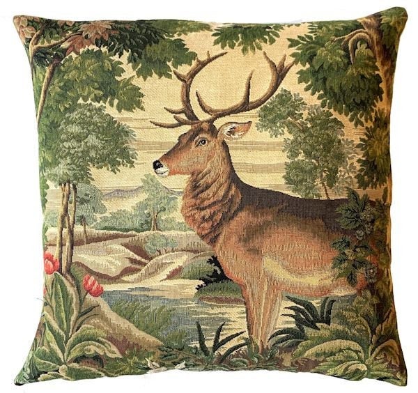 DEER FOREST RIVER Authentic European Tapestry Throw Pillow Case - Mountain Stag Decorative Pillow Covers - Nature Forest Cushion Covers - Mountain Homes Resorts Art Pillow Case - Animal Lovers Home Decor Gifts