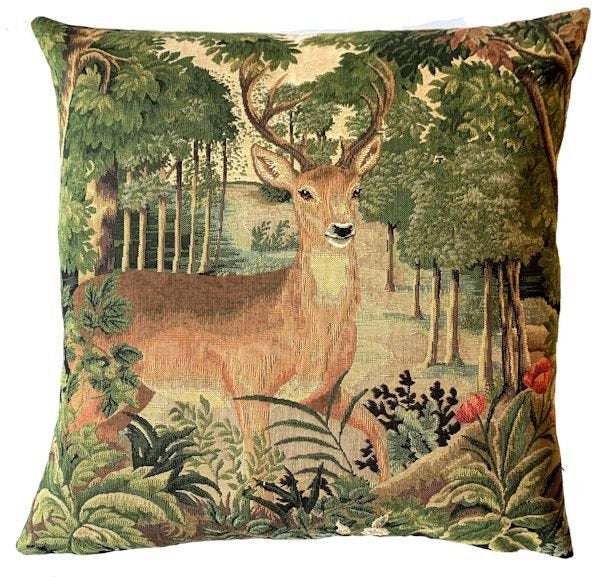 DEER FOREST WOODLAND Authentic European Tapestry Throw Pillow Case - Mountain Stag Decorative Pillow Covers - Nature Forest Cushion Covers - Mountain Homes Resorts Art Pillow Case - Animal Lovers Home Decor Gifts