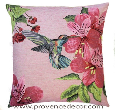 HUMMINGBIRD FLYING LEFT Tapestry Pillow Covers are woven on a Jacquard loom (crafted with true traditional tapestry technique) with 100% high quality cotton thread, lined with a plain beige cotton backing and close with a zipper. Size: 18" X 18"