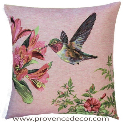 HUMMINGBIRD FLYING RIGHT Tapestry Pillow Covers are woven on a Jacquard loom (crafted with true traditional tapestry technique) with 100% high quality cotton thread, lined with a plain beige cotton backing and close with a zipper. Size: 18" X 18"
