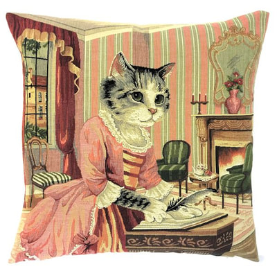 LADY CAT WRITER European Belgian Tapestry Throw Pillow Cases 18 in square - Decorative Pillow Covers - Zippered Throw Pillow Case - Jacquard Woven Belgium Tapestry Pillowcases - Victorian Style Fun Dressed Cat Cushion Covers - Cat Lovers Gift - Cat Art - Pillow Covers Home Decor
