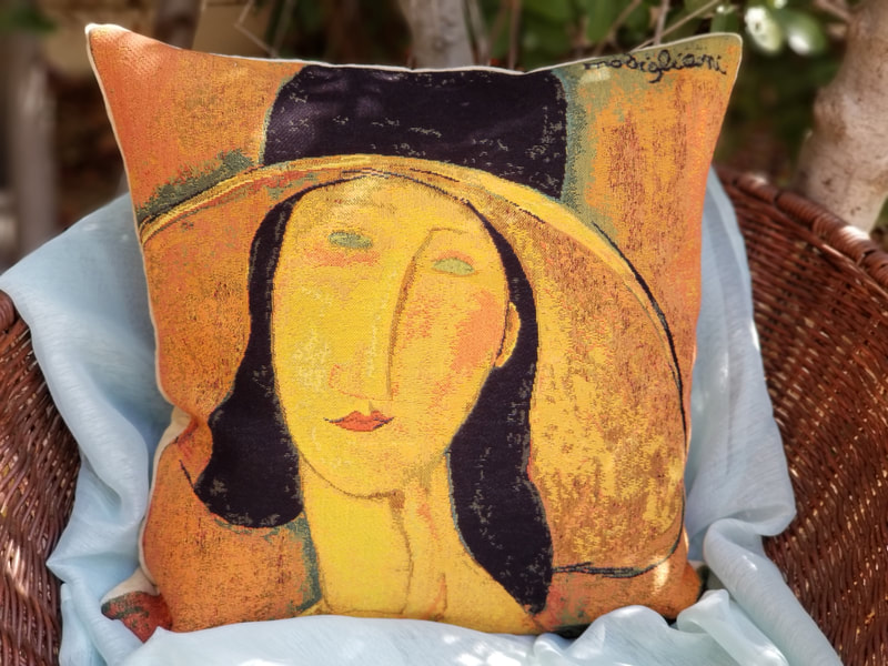 PORTRAIT OF JEANNE HEBUTERNE IN A LARGE HAT Authentic European Tapestry Decorative Throw Pillow Cover - Jacquard Woven 18 X 18 Cushion Covers - Amedeo Modigliani Vintage Art Lovers Gift - Museum Art Gallery Gifts Home Decor