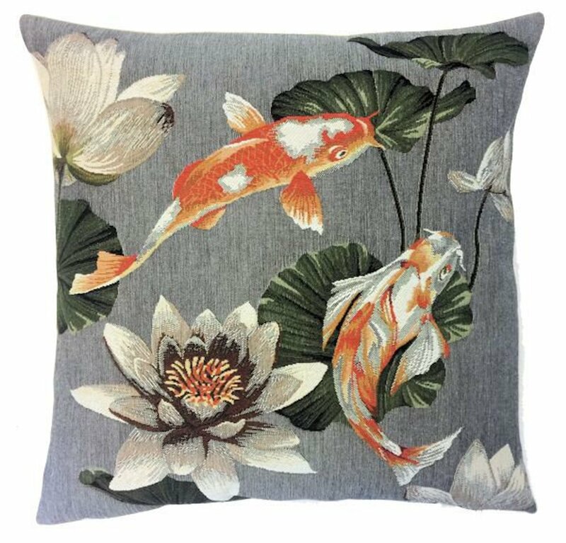 KOI FISH DECOR Authentic European Tapestry Throw Pillow Cases - Oriental Modern Decor Koi Fish Nishikigoi Lovers Cushion Covers - Japanese Haute Decor Gifts