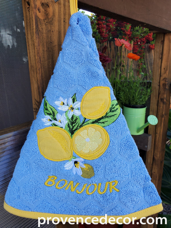 LEMON BLUE Round Hand Towel - High quality super soft and absorbent thick cotton fabric - Decorative Kitchen Bathroom Towels - Provence Lemon Fruit Garden Lovers - French Country Home Decor
