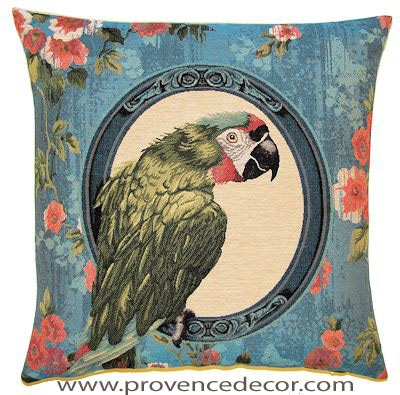 PARROT GREEN Tapestry Pillow Covers are woven on a Jacquard loom (crafted with true traditional tapestry technique) with 100% high quality cotton thread, lined with a plain beige cotton backing and close with a zipper. Size: 18" X 18"