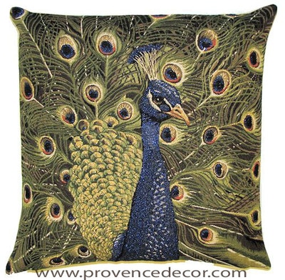 MAJESTIC PEACOCK Tapestry Pillow Covers are woven on a Jacquard loom (crafted with true traditional tapestry technique) with 100% high quality cotton thread, lined with a plain beige cotton backing and close with a zipper. Size: 18" X 18"