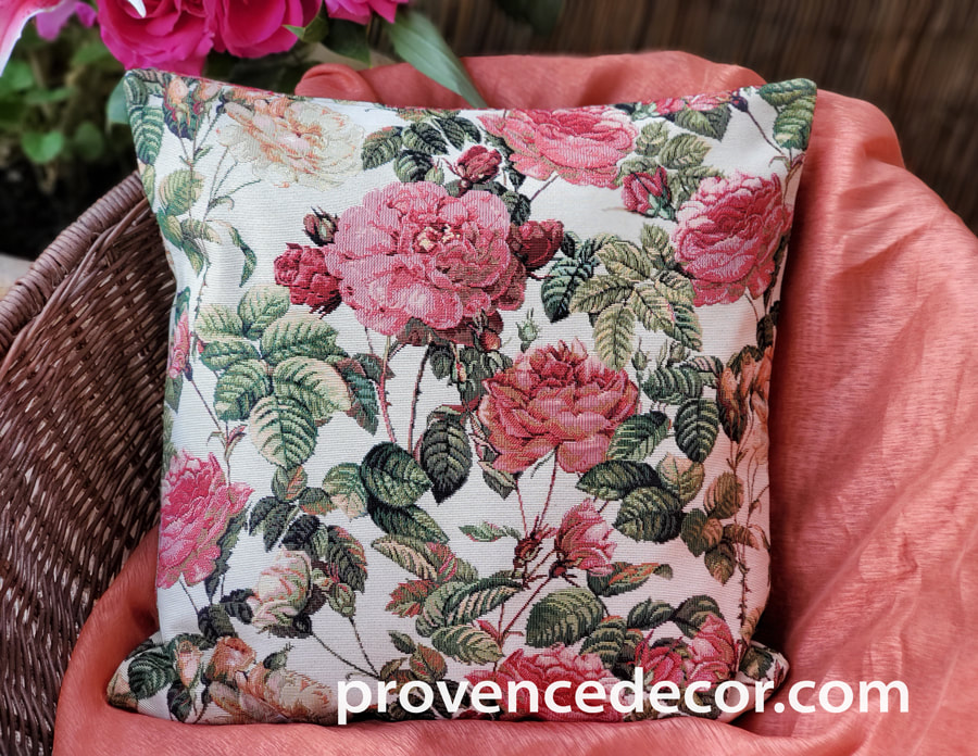 ROSES BEIGE European Jacquard Woven Throw Pillow Cases - Flower Lovers Art Home Decor Cushion Covers - Garden Roses Reversible Decorative Pillow Covers